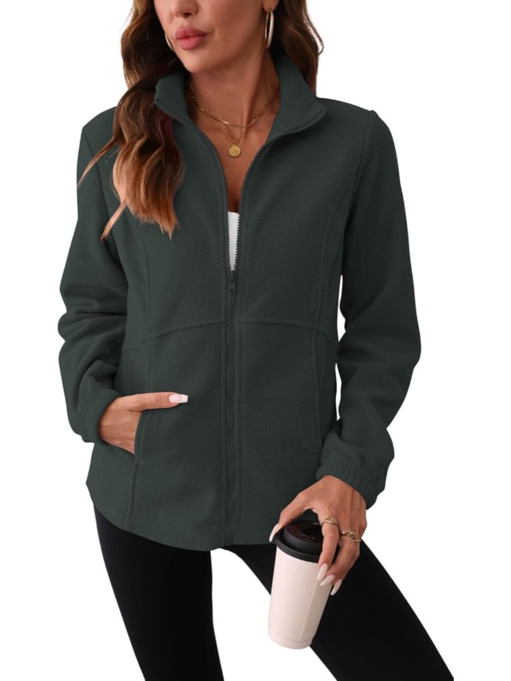 Women Dark Grey Fleece Stand Collar Elastic Cuff Long Sleeve Zip Winter Jacket